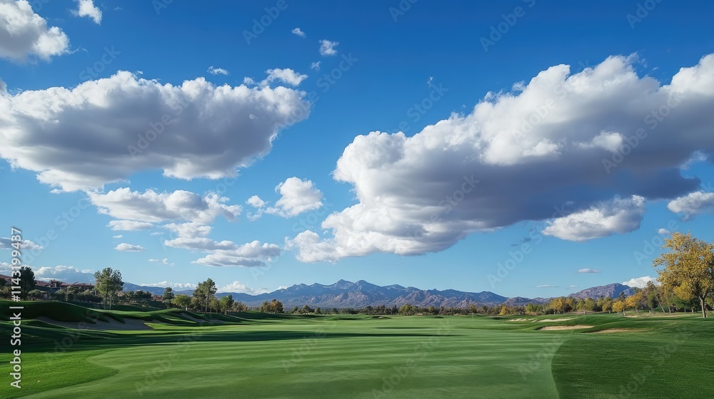 Lush green golf course fairway under a vibrant sky filled with fluffy clouds and mountainous backdrop on a sunny day. Lush green golf course fairway under a vibrant sky filled with fluffy clouds and mountainous backdrop on a sunny day.