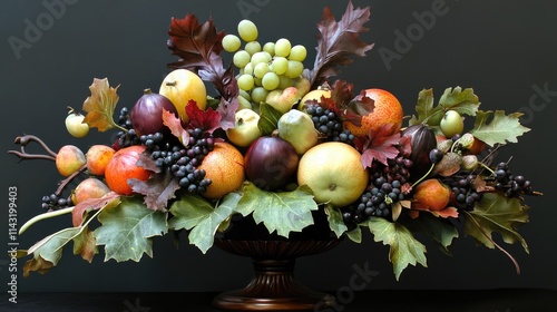 autumn harvest centerpiece featuring colorful fruits and vegetables arranged with vibrant leaves in an elegant display photo