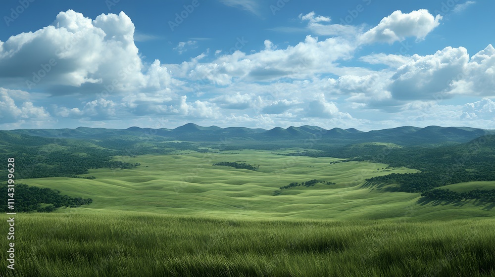 Serene landscape of rolling green hills under a blue sky with fluffy white clouds. Serene landscape of rolling green hills under a blue sky with fluffy white clouds.