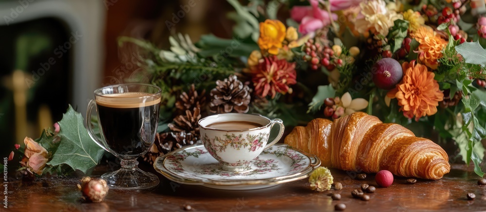 Elegant festive breakfast spread with espresso flaky croissant and fresh flowers ideal for holiday celebrations and gatherings Elegant festive breakfast spread with espresso flaky croissant and fresh flowers ideal for holiday celebrations and gatherings