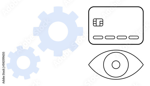 Gear wheels, credit card, and eye symbol. Ideal for finance, technology, automation, security, surveillance banking transaction processing. Line metaphor