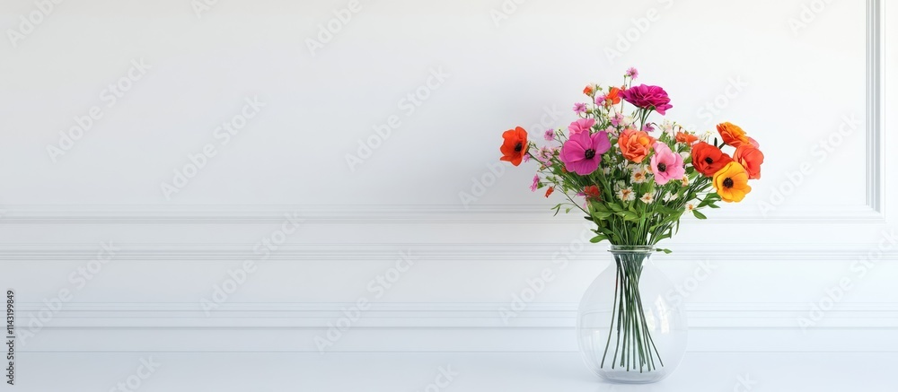 Vibrant flower bouquet in a clear vase enhancing classic interior decor against a pristine white wall for a charming atmosphere Vibrant flower bouquet in a clear vase enhancing classic interior decor against a pristine white wall for a charming atmosphere