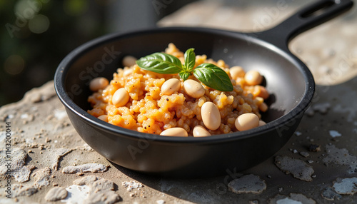 Tomato rice with white beans in a black skillet