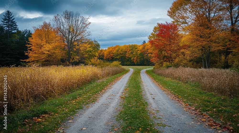 Autumn scenery with vibrant foliage and a gravel road in a serene landscape of eastern townships capturing the essence of fall beauty. Autumn scenery with vibrant foliage and a gravel road in a serene landscape of eastern townships capturing the essence of fall beauty.