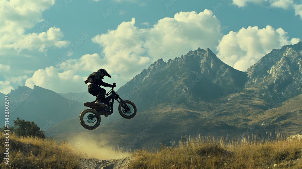 A rider twisting the bike horizontally during a massive whip framed by a backdrop of mountains. A rider twisting the bike horizontally during a massive whip framed by a backdrop of mountains.
