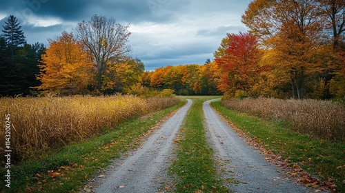 Autumn scenery with vibrant foliage and a gravel road in a serene landscape of eastern townships capturing the essence of fall beauty. photo