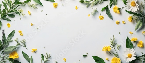 Fototapeta Naklejka Na Ścianę i Meble -  Floral arrangement of meadow flowers and leaves on a gray white background with empty space for text in a flat lay top down view