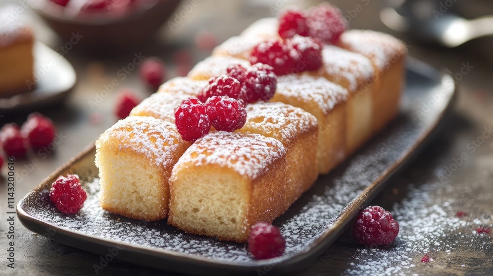 Freshly baked financier cake topped with raspberries and powdered sugar displayed on a rustic plate in a warm setting Freshly baked financier cake topped with raspberries and powdered sugar displayed on a rustic plate in a warm setting
