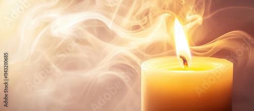 Flickering candle flame producing ethereal smoke swirls against a soft white background creating a serene and calming ambiance photo