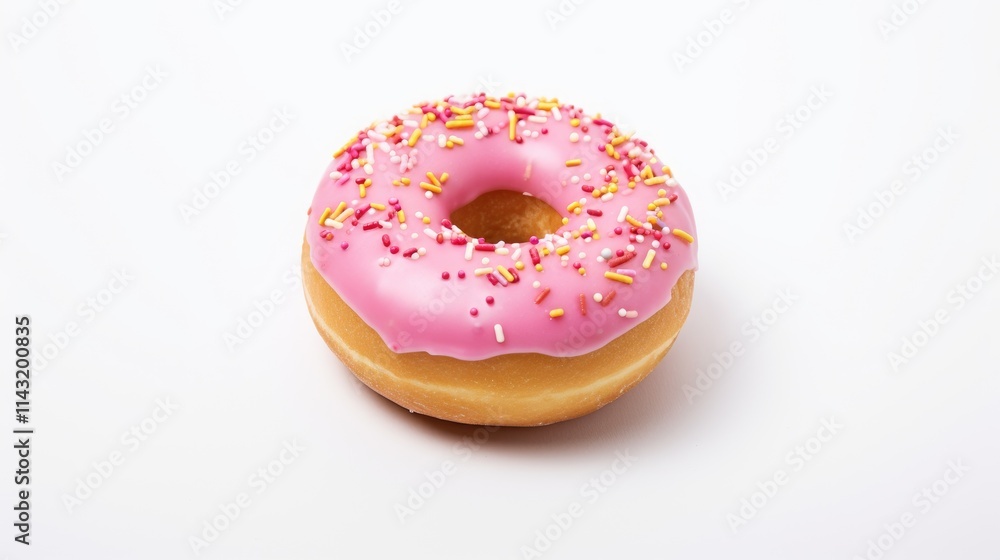 Colorful pink frosted donut with sprinkles displayed on a clean white background for a delightful dessert theme. Colorful pink frosted donut with sprinkles displayed on a clean white background for a delightful dessert theme.