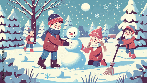 Children building snowmen, having snowball fights, and playing outdoors in the fresh snow
