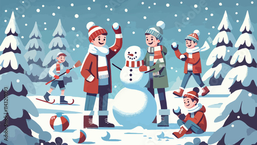 Children building snowmen, having snowball fights, and playing outdoors in the fresh snow