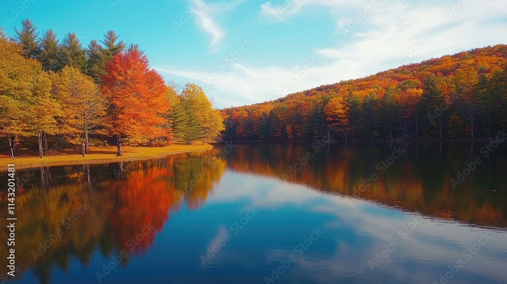 Autumn Landscape with Colorful Trees Reflecting on Tranquil Lake Under Clear Blue Sky Autumn Landscape with Colorful Trees Reflecting on Tranquil Lake Under Clear Blue Sky
