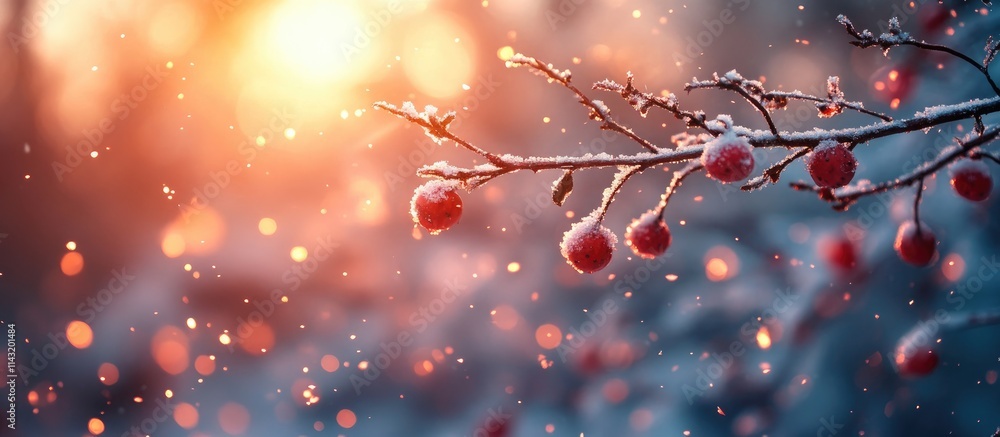 Winter landscape with snow-covered ground and frosted tree branches illuminated by warm sunlight during a snowfall at sunset Winter landscape with snow-covered ground and frosted tree branches illuminated by warm sunlight during a snowfall at sunset
