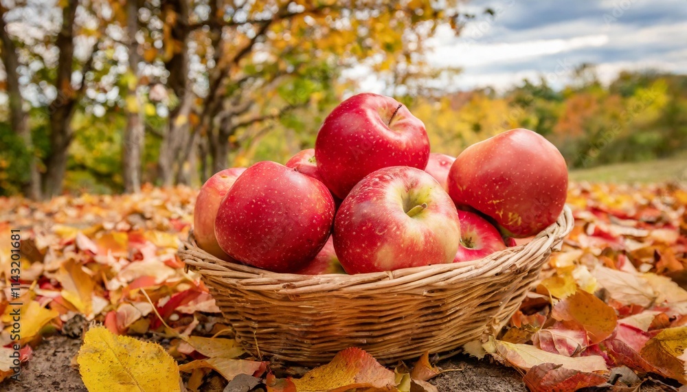 Juicy Red Apples in a Basket with Fallen Autumn Leaves in the Background Juicy Red Apples in a Basket with Fallen Autumn Leaves in the Background