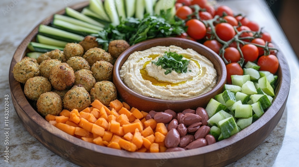 Colorful falafel and hummus platter with fresh vegetables and snacks arranged on a wooden serving board for healthy eating and sharing. Colorful falafel and hummus platter with fresh vegetables and snacks arranged on a wooden serving board for healthy eating and sharing.
