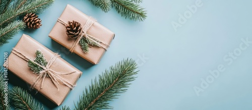 Wallpaper Mural Flat lay arrangement of holiday gifts and pine branches on a soft blue background creating a festive seasonal atmosphere Torontodigital.ca
