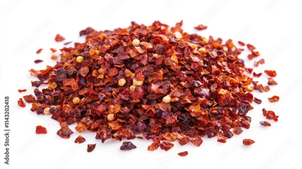 Ground red chili pepper flakes in a heap showcasing vibrant colors on a clean white background ideal for culinary and spice-related imagery Ground red chili pepper flakes in a heap showcasing vibrant colors on a clean white background ideal for culinary and spice-related imagery