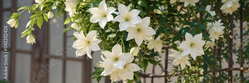 Arabian jasmine Jasminum sambac flowers on a trellis in full bloom , arabian jasmine flowers, jasmine flowers,