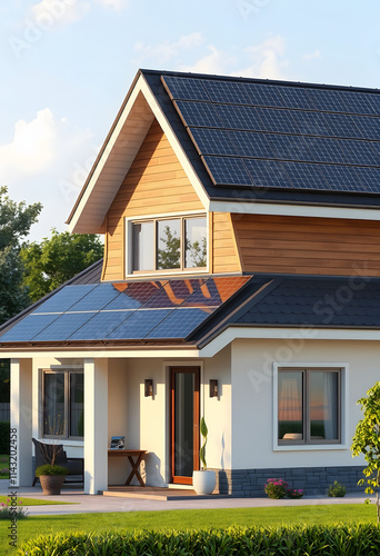 Wallpaper Mural Renewable energy concept. Solar panels on the roof of a modern single family house. Green energy. 3D rendering, with white tones Torontodigital.ca