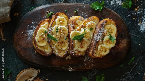 French toast topped with banana and curd cheese on a rustic wooden board perfect for a simple and delicious breakfast option. photo