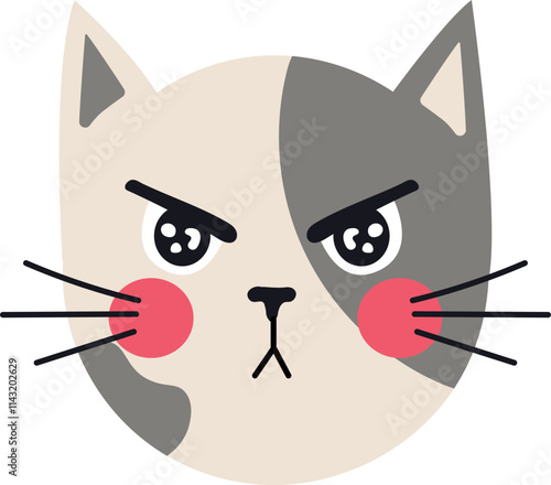 Cartoon illustration of a grumpy cat with furrowed brow and narrowed eyes, conveying anger and displeasure with pink cheeks and gray and white fur