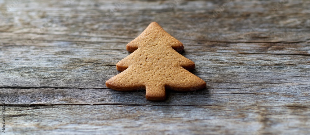 Festive holiday cookie shaped like a Christmas tree on rustic wooden table top with natural textures and warm colors Festive holiday cookie shaped like a Christmas tree on rustic wooden table top with natural textures and warm colors