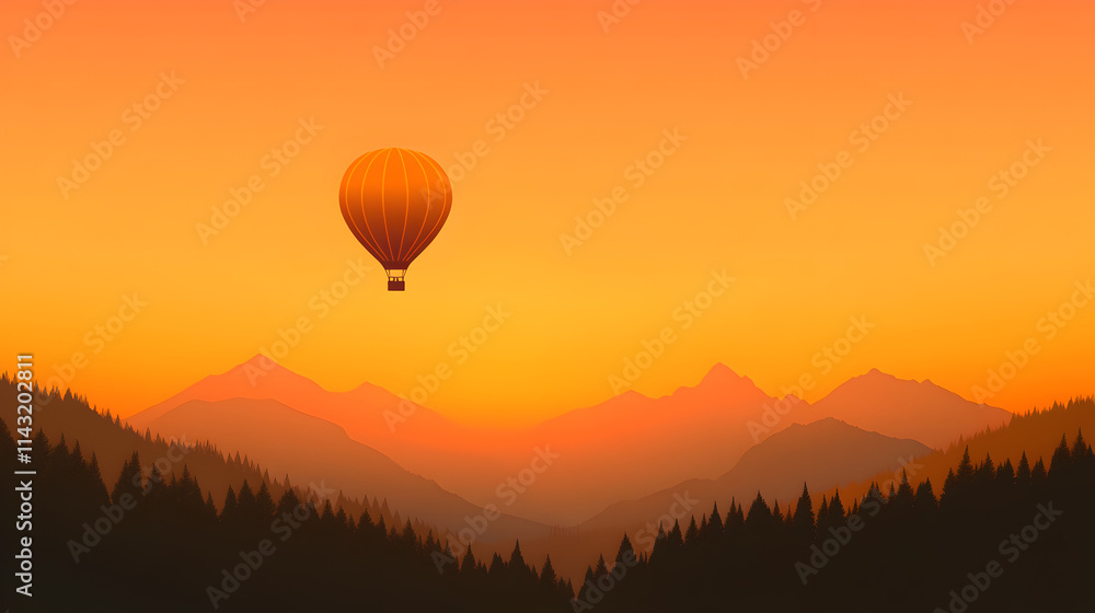 A vector of a hot air balloon floating over a valley, with mountains in the background. Hot air balloon in valley. A vector of a hot air balloon floating over a valley, with mountains in the background. Hot air balloon in valley.