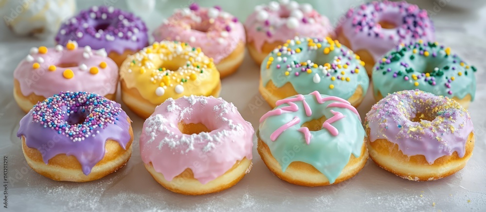 Colorful donuts with festive icing and sprinkles ideal for children's holiday celebrations and sweet treat gatherings Colorful donuts with festive icing and sprinkles ideal for children's holiday celebrations and sweet treat gatherings