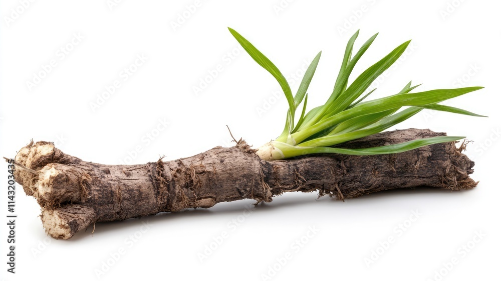 Fresh Alpinia Galanga root with green shoots isolated on white background showcasing its natural texture and botanical characteristics. Fresh Alpinia Galanga root with green shoots isolated on white background showcasing its natural texture and botanical characteristics.