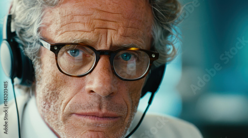 A senior businessman in a headset focuses on his computer, showcasing dedication and professionalism in the office.