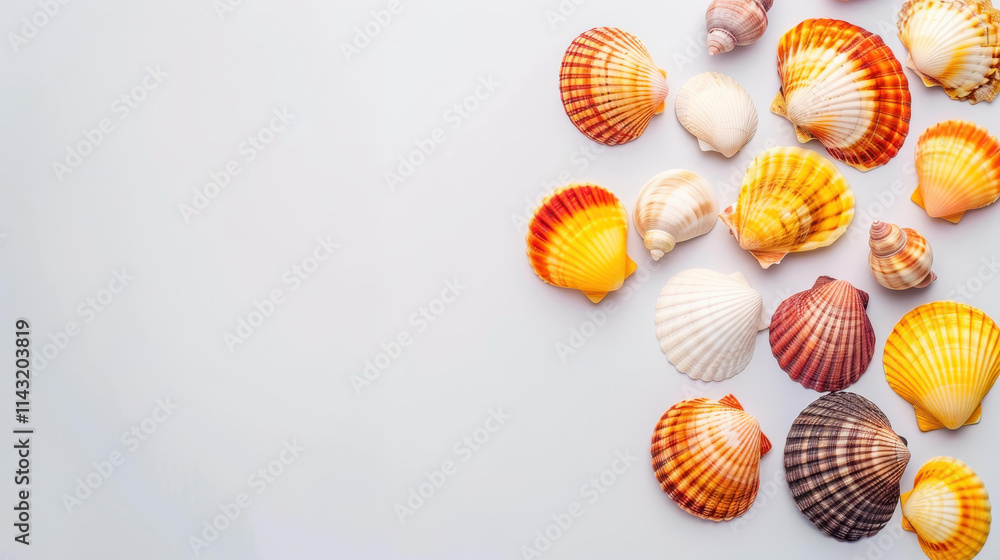 Bright beach scene with delicate seashells scattered on a soft, light backdrop, evoking calm and summer vibes. Bright beach scene with delicate seashells scattered on a soft, light backdrop, evoking calm and summer vibes.