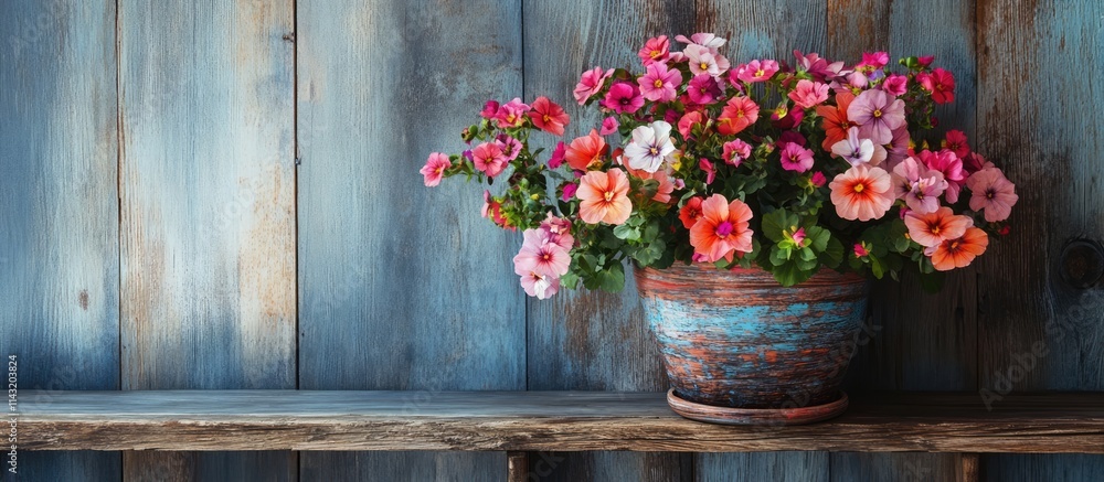 Fototapeta premium Vibrant flowerpot with colorful blooms on rustic wooden shelf adding charm to home decor and interior design aesthetics.