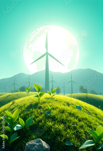 sustainable environmental energy green business goals Sustainable renewable energy development concept and ecological growth with green energy ESG Earth Day, mindfulness theme, with white tones