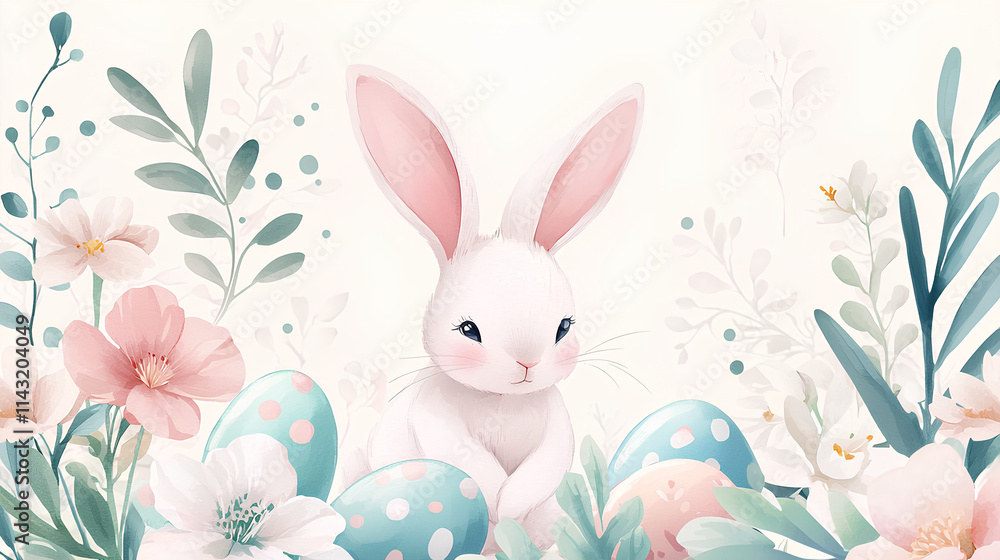 Cute rabbit is sitting on a bed of eggs in a garden Cute rabbit is sitting on a bed of eggs in a garden
