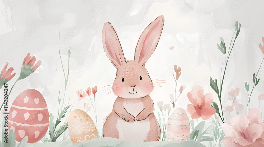 Rabbit is sitting in a field of flowers and eggs Rabbit is sitting in a field of flowers and eggs