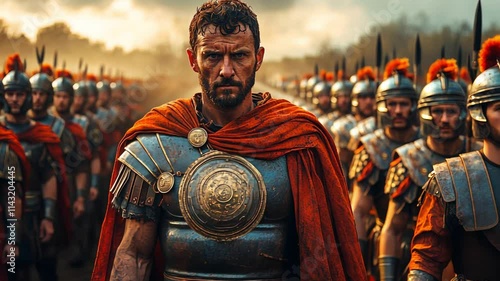 A lead warrior stands at the forefront, wearing armor and a red cloak, while soldiers gather behind him, readying for an impending clash in a striking historical environment