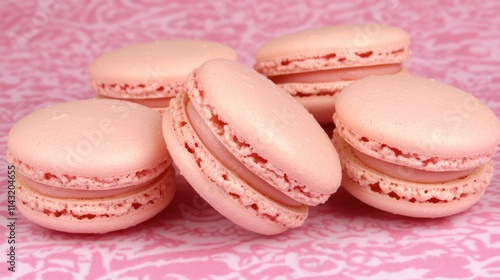 Delicate pink macarons stacked on a soft patterned background showcasing their elegant design and tasty appeal.