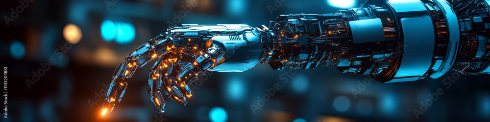 A robotic hand with glowing orange lights extends fingers against a blurred, lit background. Concept of technology and innovation. For tech-themed presentations and media A robotic hand with glowing orange lights extends fingers against a blurred, lit background. Concept of technology and innovation. For tech-themed presentations and media