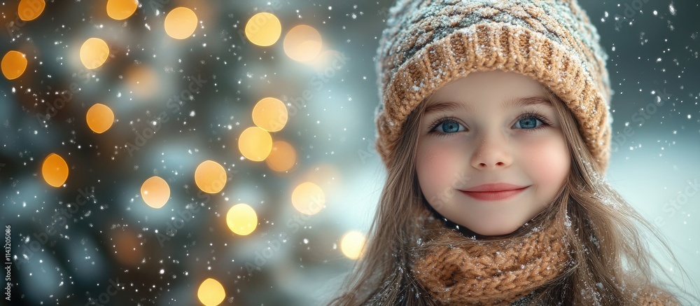 Happy girl smiling in winter holiday setting with decorated tree and presents, soft bokeh lights creating a festive atmosphere. Happy girl smiling in winter holiday setting with decorated tree and presents, soft bokeh lights creating a festive atmosphere.