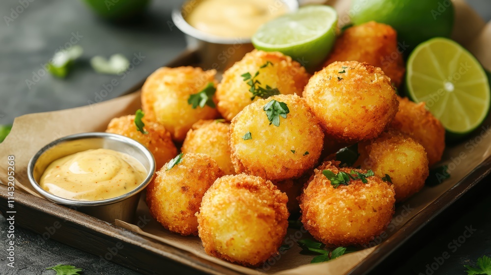 Crispy golden fried potato bites served with dipping sauce and fresh lime wedges on a wooden tray perfect for appetizing presentations Crispy golden fried potato bites served with dipping sauce and fresh lime wedges on a wooden tray perfect for appetizing presentations