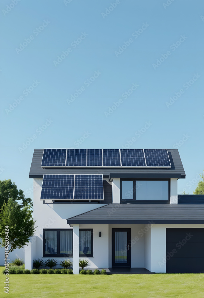 Naklejka premium Renewable energy concept. Solar panels on the roof of a modern single family house. Green energy. 3D rendering, minimalism, with white tones