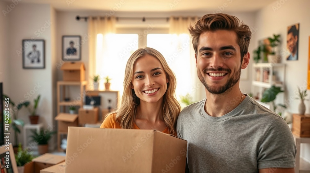 Professional fine art photography A happy young couple with charming features and fair skin tones prepares to move. Warm, soft light illuminates a modern living room filled with packed boxes, plants Professional fine art photography A happy young couple with charming features and fair skin tones prepares to move. Warm, soft light illuminates a modern living room filled with packed boxes, plants