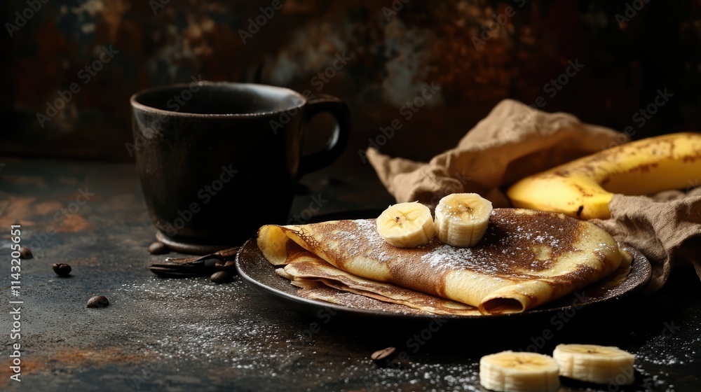 Gourmet banana and chocolate crepe served with black coffee on rustic table setting for elegant dessert presentation Gourmet banana and chocolate crepe served with black coffee on rustic table setting for elegant dessert presentation