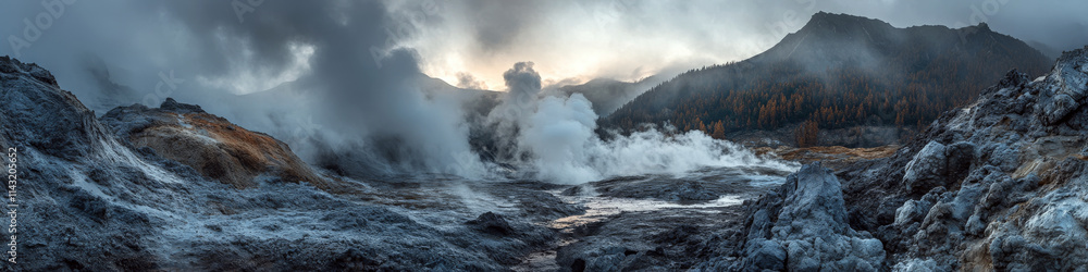 Dark, steaming volcanic landscape at dawn with rugged terrain and distant mountains. Concept of raw natural beauty and geothermal energy. For travel brochure. Dark, steaming volcanic landscape at dawn with rugged terrain and distant mountains. Concept of raw natural beauty and geothermal energy. For travel brochure.