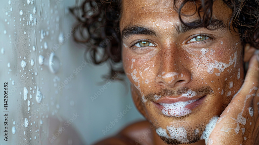 Man Washing Face with Soap and Smiling Confidently Man Washing Face with Soap and Smiling Confidently