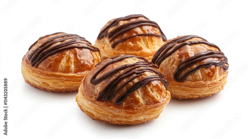 French cream-filled pastry balls topped with rich chocolate drizzle isolated on white background showcasing delectable desserts. French cream-filled pastry balls topped with rich chocolate drizzle isolated on white background showcasing delectable desserts.