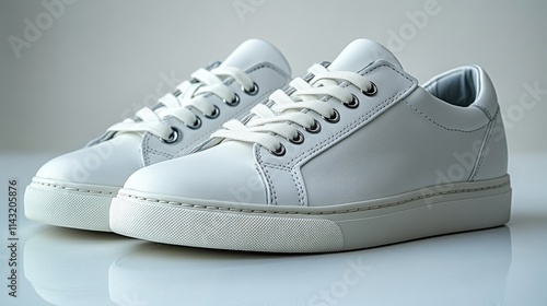 White leather women's sneakers on clean backdrop showcasing trendy athletic casual style high quality fashion footwear design photo