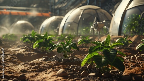 Lush green plants grow in futuristic greenhouses on a Martian-like terrain, showcasing innovative agriculture in a sci-fi inspired setting. AI generated. photo