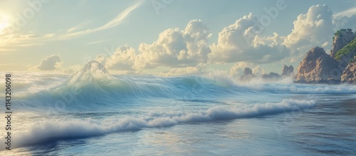 Sunlit ocean waves crashing on the shore under a blue sky with clouds during a warm summer morning at the beach